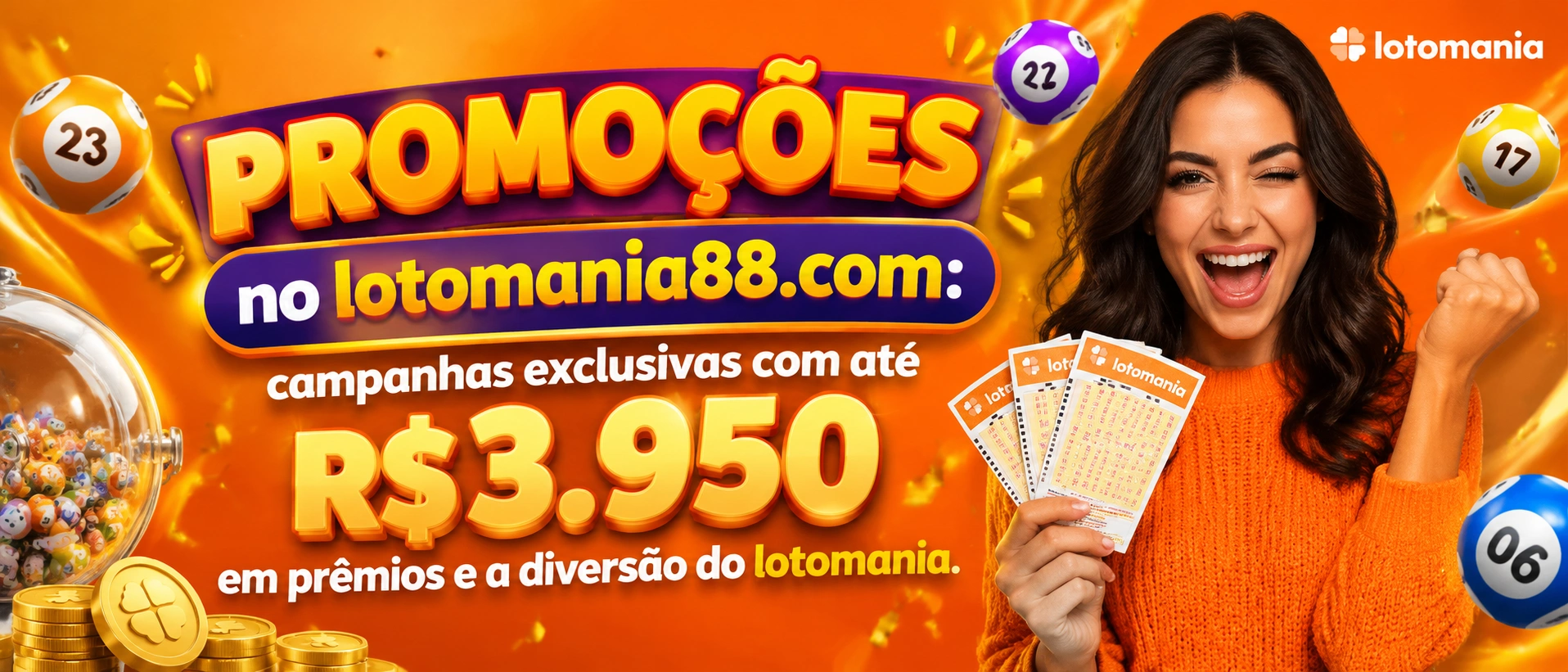 Tela promocional da Lotomania88 com destaque para ofertas e bônus de boas-vindas