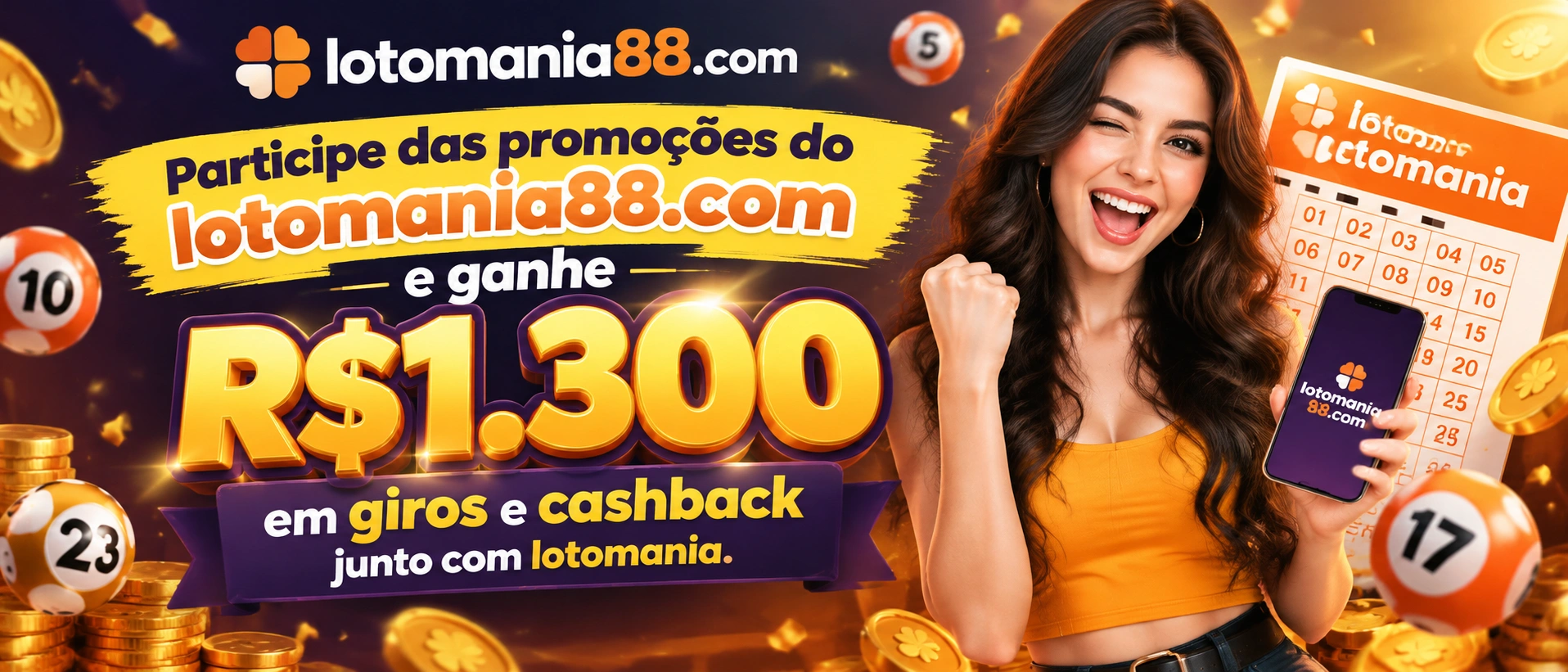 Banner promocional da Lotomania88 com campanhas de pacote vermelho, rebate e vantagens VIP